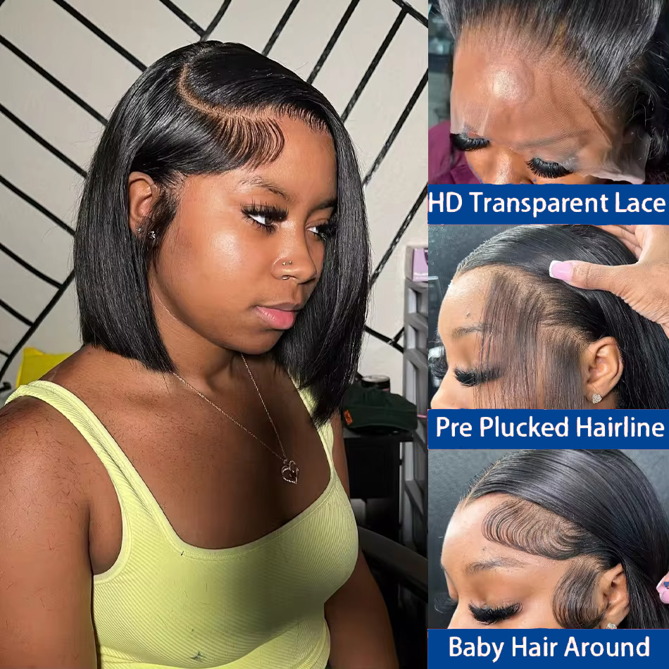 Straight Brazilian 4x4 HD Lace Frontal Short Bob Wig Pre Plucked Natural Black 100% Human Hair Wigs