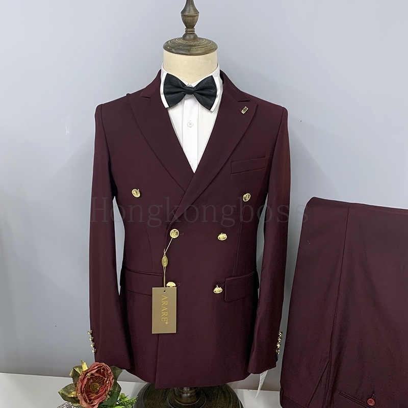 2 Pcs Suit Set Blazers Jacket Pants Fashion Men Casual Business Pure Color Double Breasted Groom Wedding Formal y241025