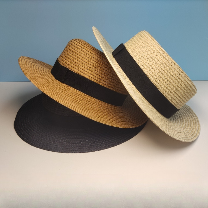 Flat top with decorative straw hat senior sense flat eaves shade holiday straw hat for women