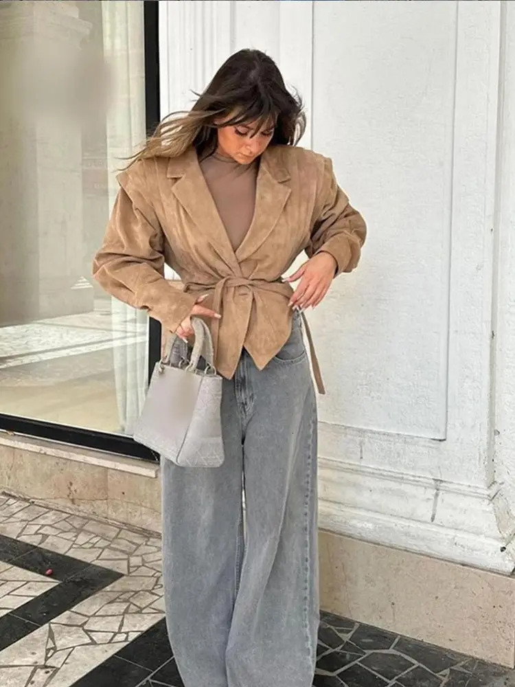 Fashion Women Suede Short Leather Jacket With Belt Pleated Shoulder Long Sleeve Lapel Button Cropped Coat Lady Street Outerwear