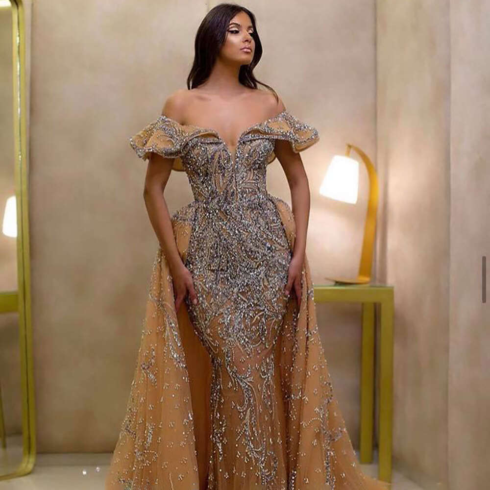 Crystal Evening Dresses With Detachable Train Women Beaded Prom Dress Cap Sleeves Champagne Tulle Party Gowns