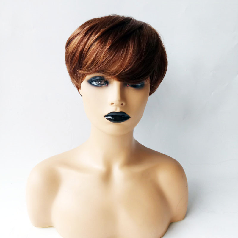 Wig for women brown short side bangs fluffy face-shaping synthetic fiber full headpiece