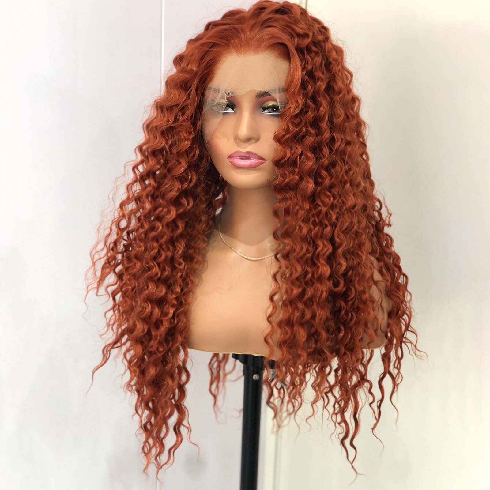Ginger Deep Synthetic Front Wig Glueless Colored Hair Long Reddish Brown Curly Lace Frontal Wigs for Women Party