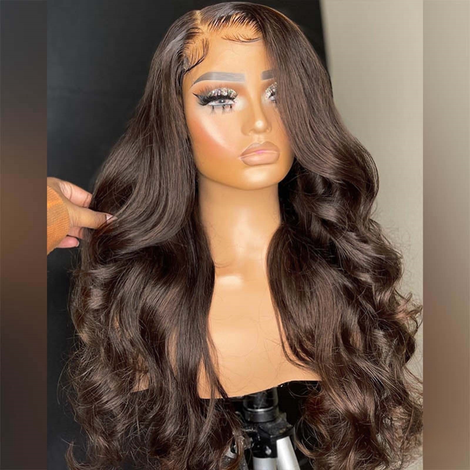 Dark Brown Body Wave Synthetic Lace Front Wig Long Curly Wavy Brunette Colored Hair 13X4 Frontal Wigs for Women Daily Party