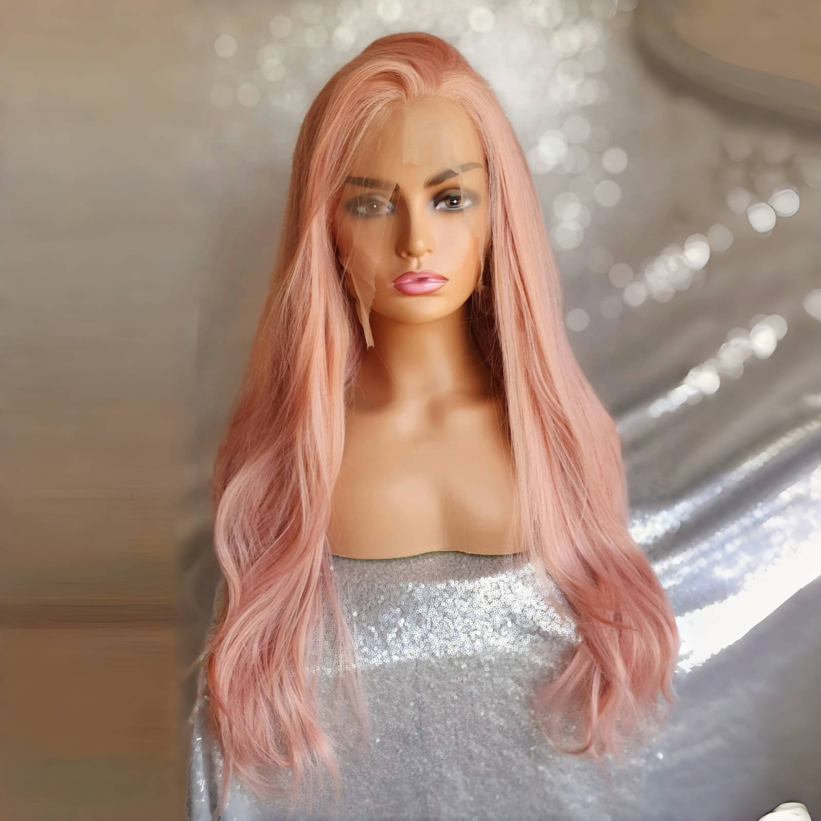 Light Natural Wavy Synthetic Wig Long Pink Hair Colored Frontal 13X4 Lace Front Wigs for Women Party Cosplay