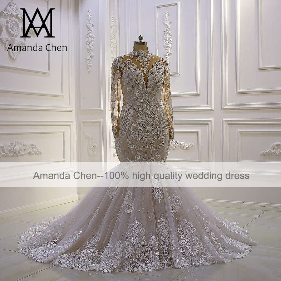 vestido novia civil High Neck Long Sleeve Lace Appliques Mermaid Wedding dress