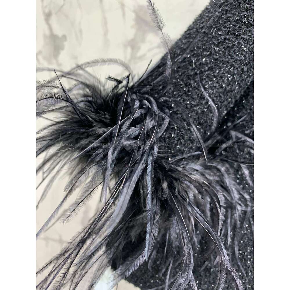 New Dia Beaded V Neck Ostrich Feather Decoration Long Sleeve Women Loose Woolen Dress