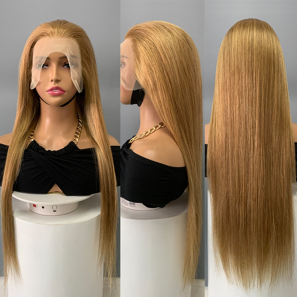 #27 Honey Blonde 13x4 Front 4x4 Lace Closure Remy Straight Human Hair Wigs For Women HairUGo