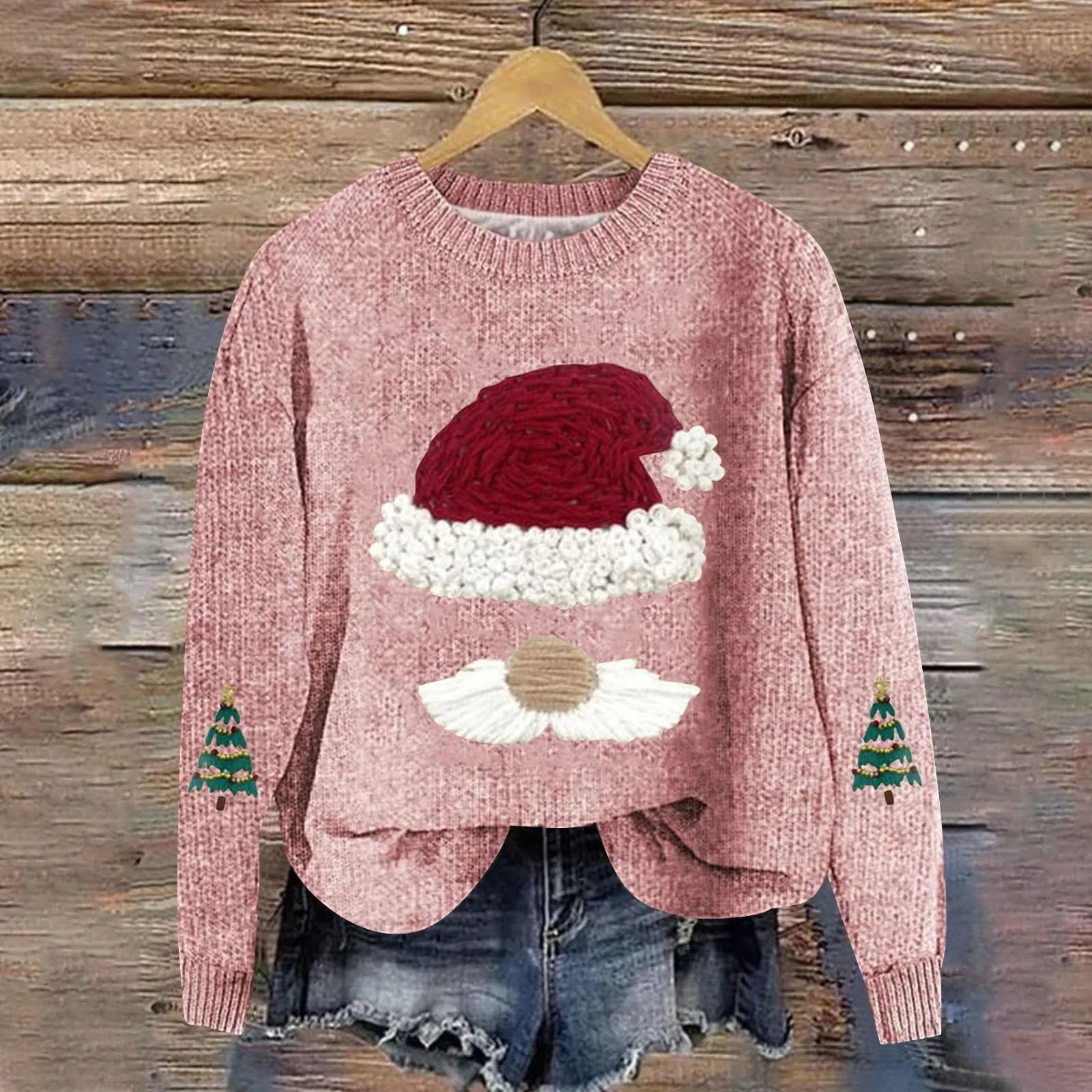 2025 Womens Christmas Tree Embroidered Top Autumn/Winter Thick Pull Flower Round Neck Casual Sweater 241025