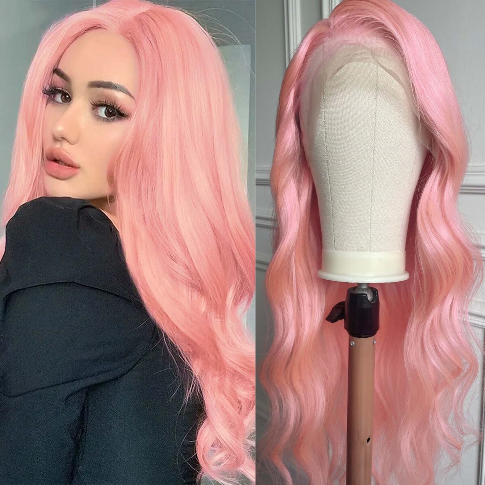 Light Long Wavy Synthetic Front Wig Glueless Natural Body Wave Pink Colored Hair Lace Frontal Wigs for Women Party