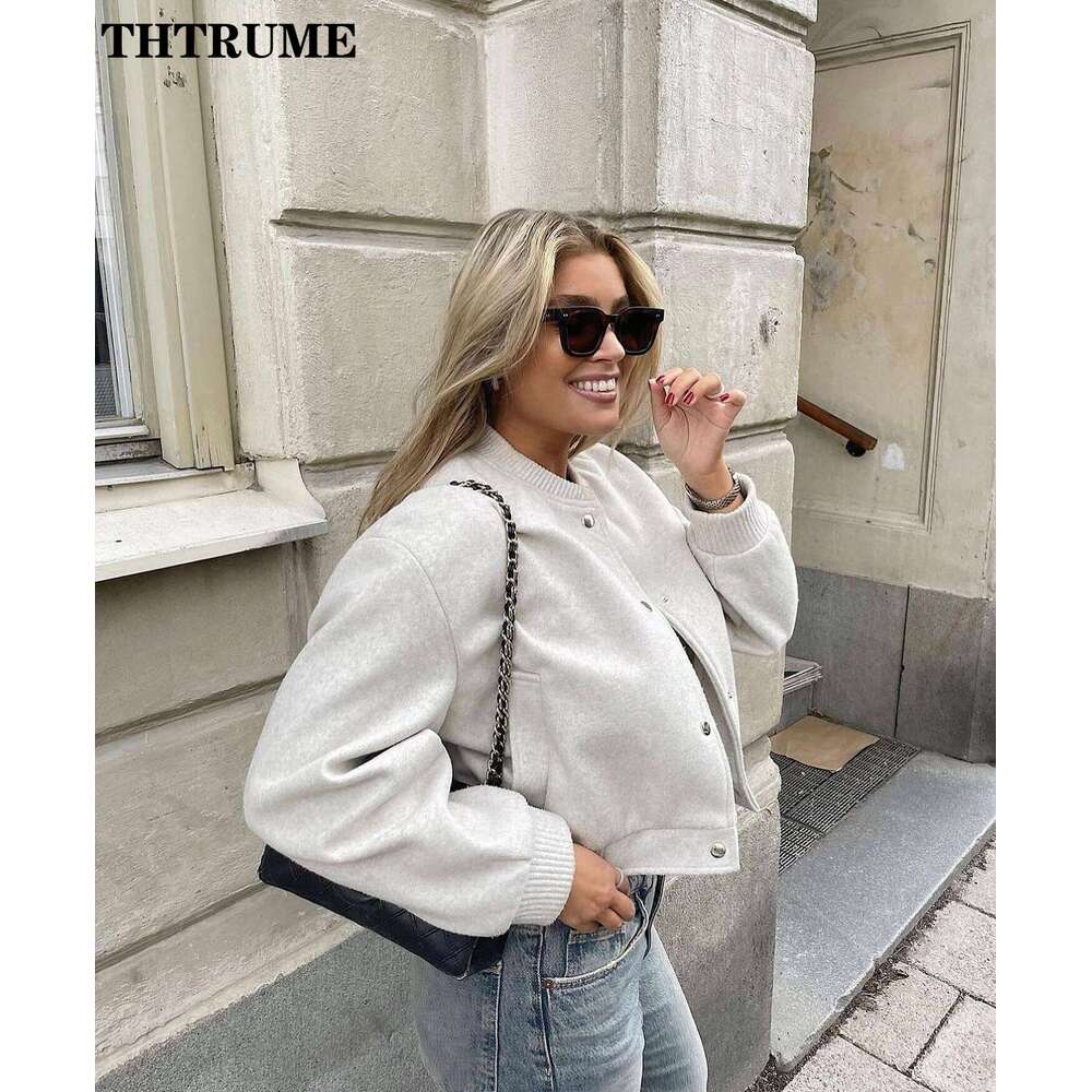 2024 New Single Breasted Jackets For Women Fashion Solid Round Neck Bomber Tweed Coats Casual Streetwear Autumn Winter Outwear