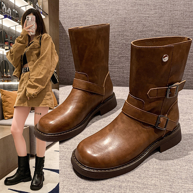 Women Fashion Boots:British Style High Heel Winter New Trendy Versatile Round Toe Simple Design,Black/Brown,Free shipping