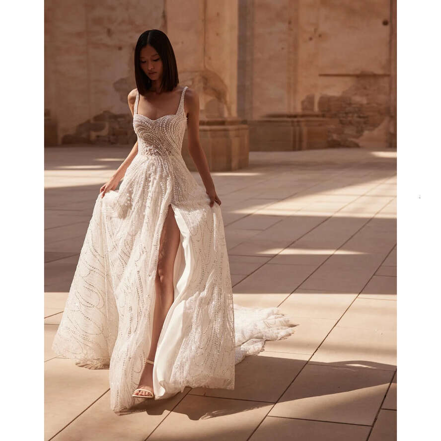 Milla Nova A E Dress Straps Pearls Country Boho Wedding Dresses Beading Backless Ruffle Vestidos De Novia Split Designer Bridal Gowns 0515