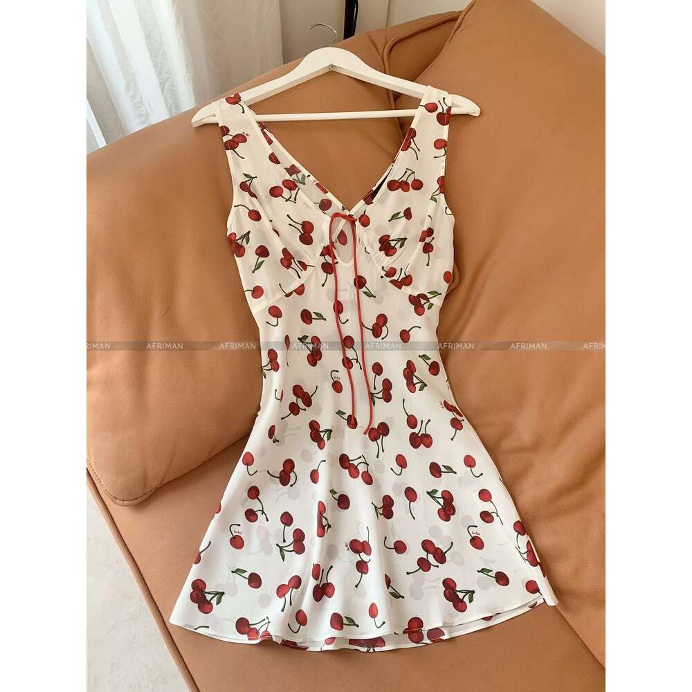 Women Sexy Deep V Neck Sleeveless Red Cherry Print Mini Silk Dress