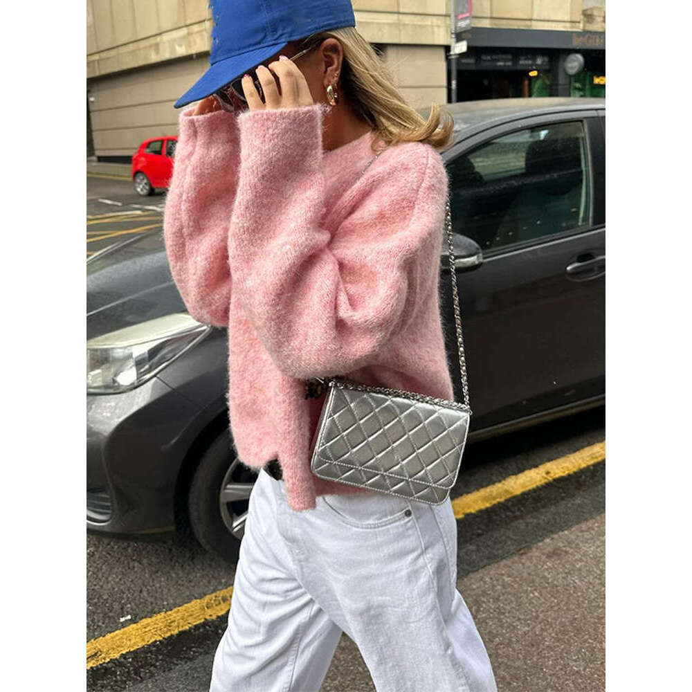 Casual Oversize Pink Women's Cashmere Base Sweater Fashion Long Sleeve Solid Round Collar Pullover 2024 New Lady High Streetwear