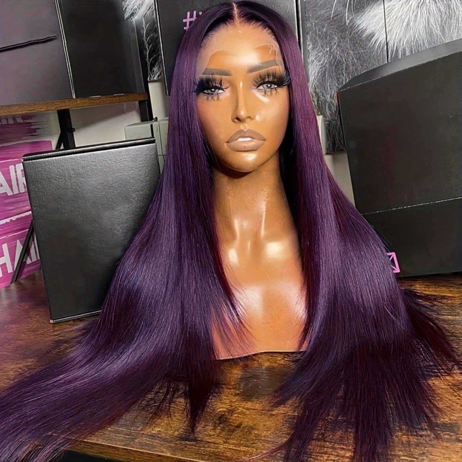 Long Straight Synthetic Lace Front Wig Glueless Ready to Wear Dark Purple Hair Frontal Wigs for Women Party Cosplay