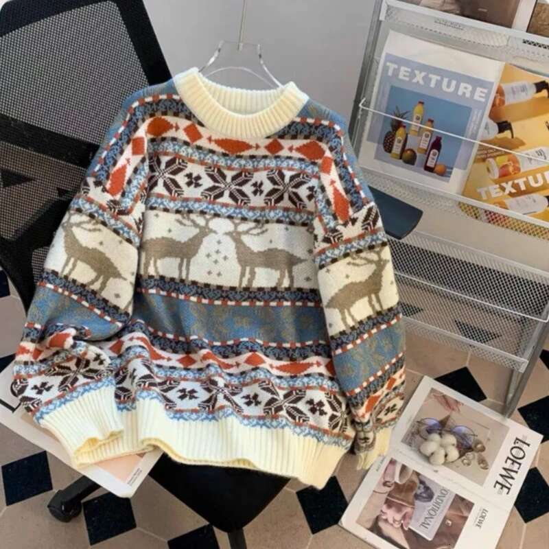 New High Street Christmas Dress Up Women Retro Deer Jacquard Autumn And Winter Loose Lazy Style Men Sweater Y2k Clothes