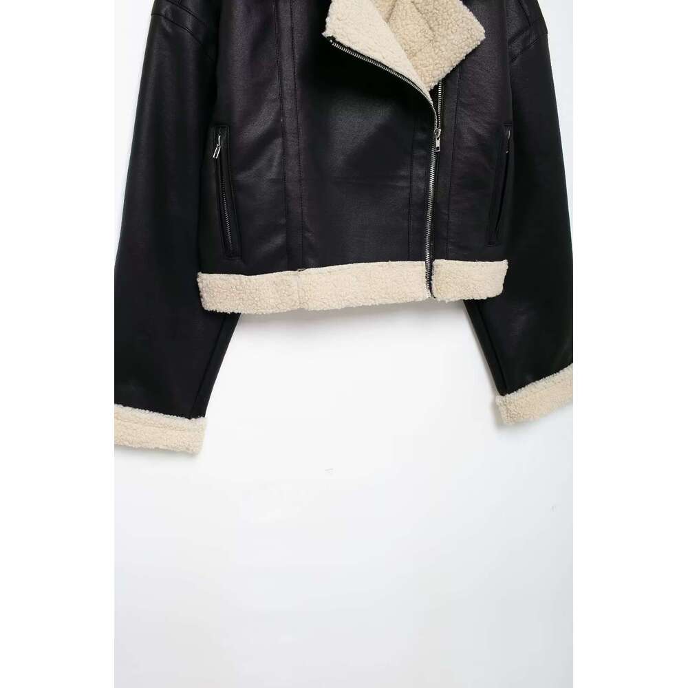 Rzra2024 Winter New Women's Black Versatile Lapel Long-Sleeved Zippered Inner Fleece Warm Short Fur One-Piece Jacket