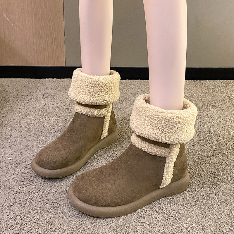 Women's Fashion Boots:Thick Sole Snow Boots Winter Fleece Warm Simple Design Flat Bottom,Black/Brown,Free shipping