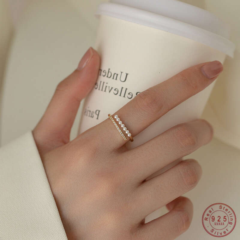 Sterg Sier Simple Pearl Zircon Open Ring for Women French Temperament Gentle Hand Jewelry Gift