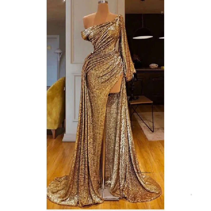 Sexy Gold Sequins Evening Dresses 2023 Long Plus Size High Split Prom Party Gowns With Overskirt Robe De Soiree 0431