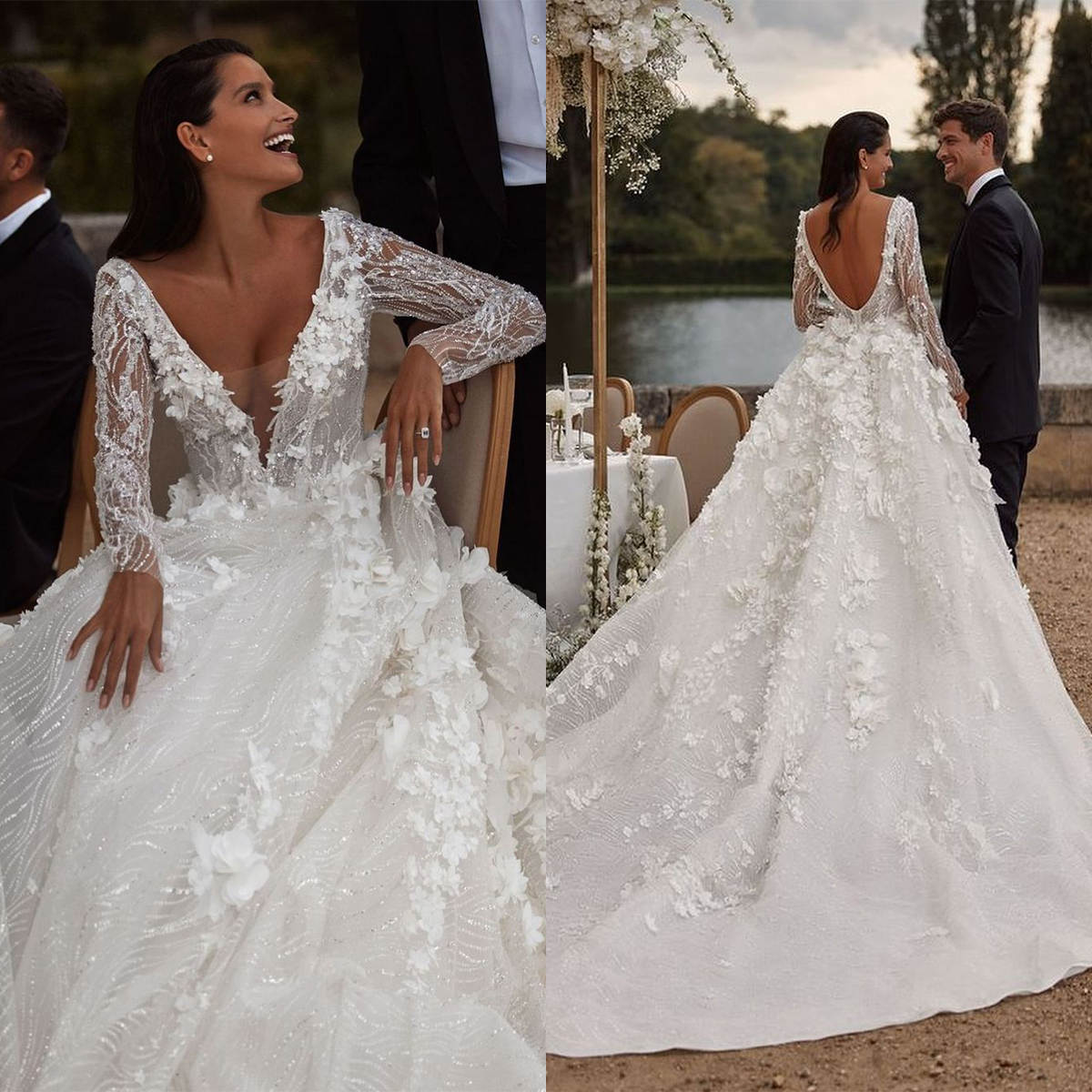 Gorgeous A Line Bride Gowns Sequins 3D Appliques V Neck Long Sleeve Wedding Dress Sweep Train Tulle Bridal Dresses Custom Made