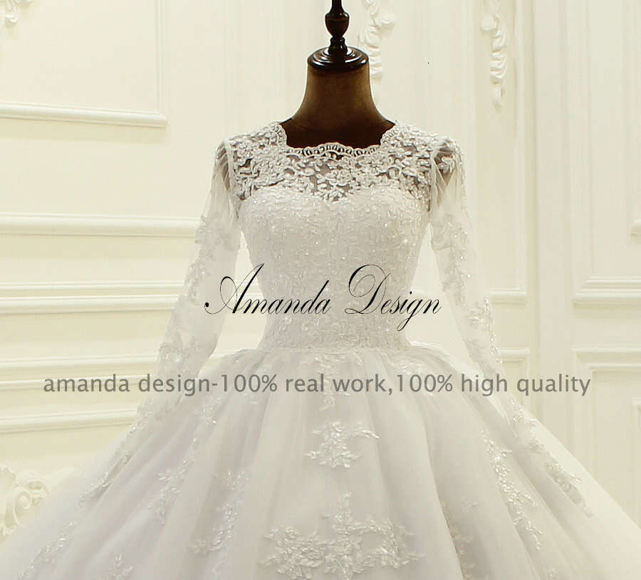 Amanda Design High Quality Long Sleeve Lace Appliques Puffy Empire Wedding Dress