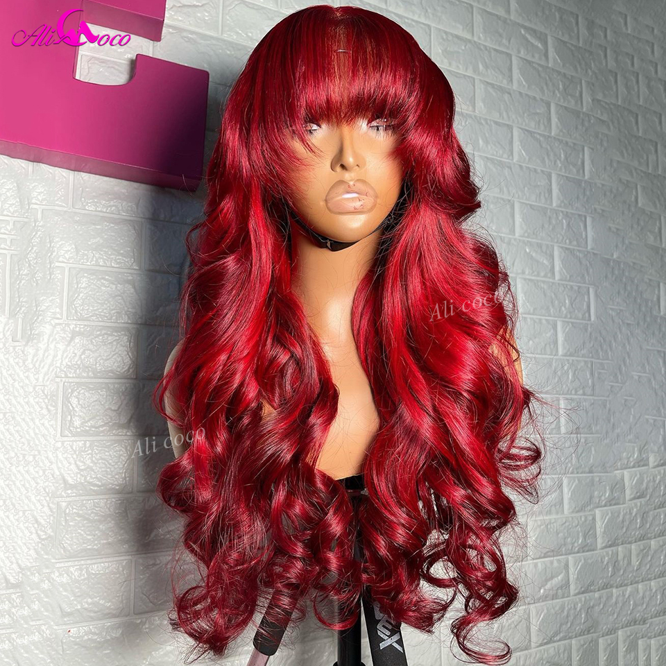 13x4 Red With Bangs Body Wave Human Hair Front 5x5 Lace Closure Wig For Women