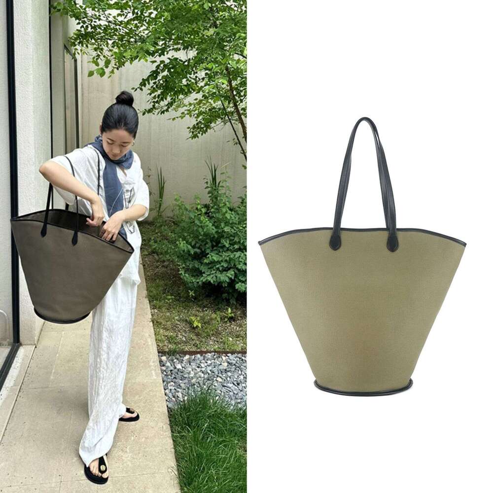 Artistic Style High-Quality Military Green Canvas Patchwork Cowhide Casual Women's Fan-Shaped Tote Single Shoulder Bag