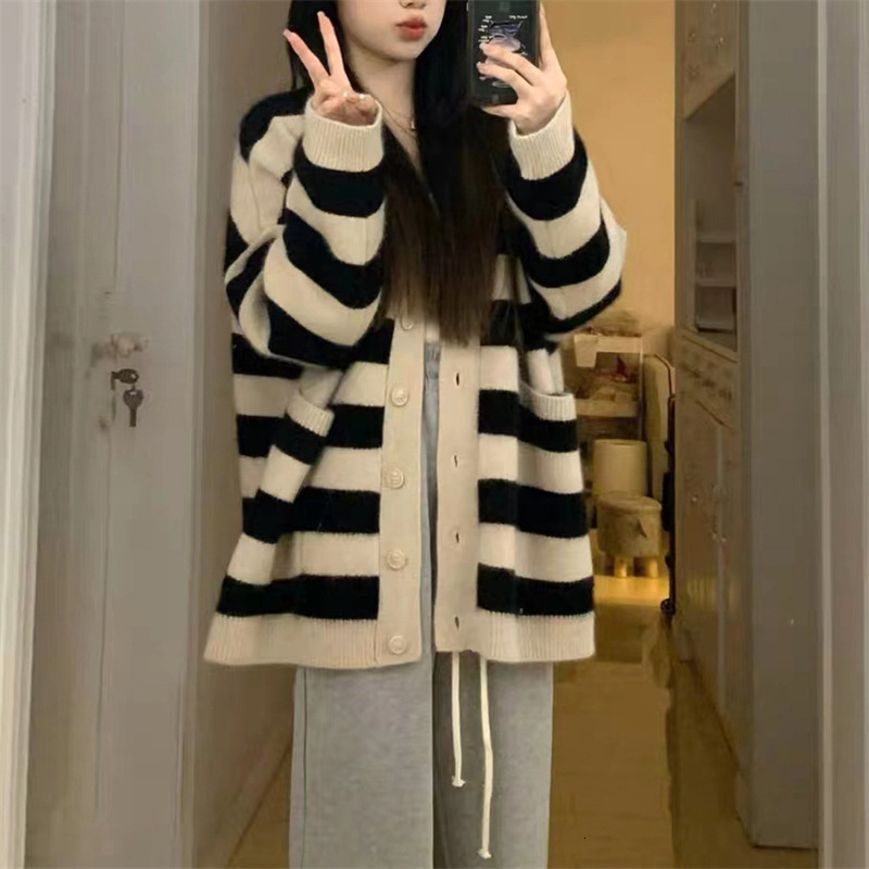 Striped Contrasting Sweater Soft Sticky Cardigan For Women Autumn And Winter New Item Korean Version Lazy Style Temperament Knitted Top Jacket F1028#4