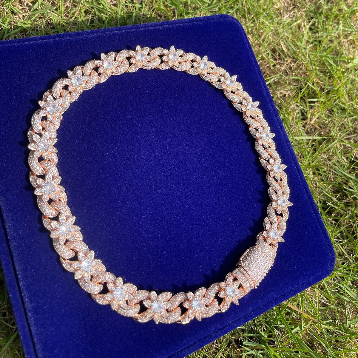 Lotus Flower Cuban Chain Necklace 5A Zircon 18K Gold Plated Women Men Jewelry