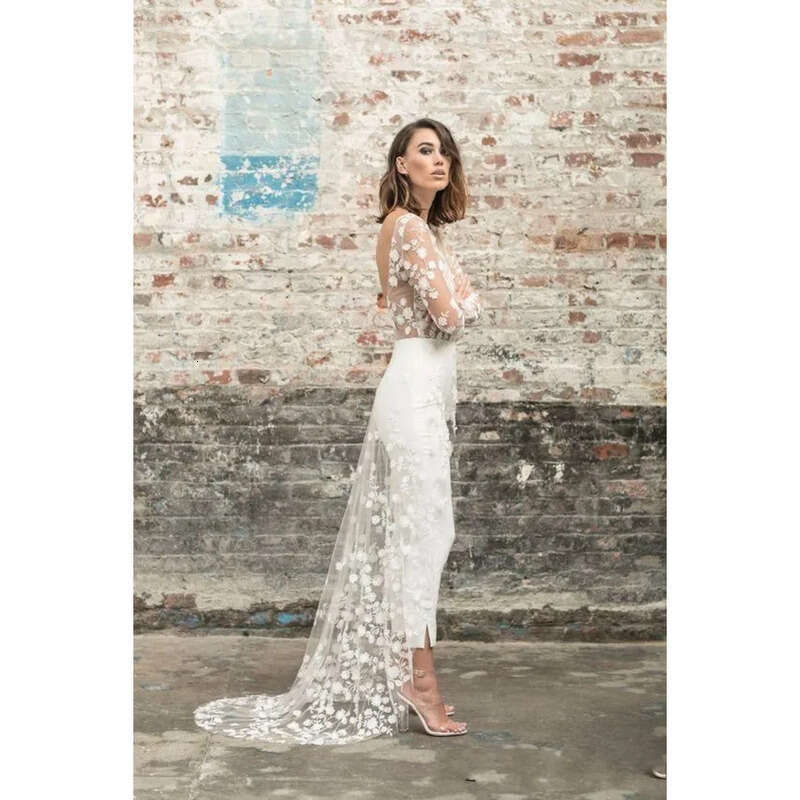 Beach Jumpsuit Wedding Dresses Jewel Neck Long Sleeve Backless Ankle Length Bridal Outfit Lace Summer Bride Gowns