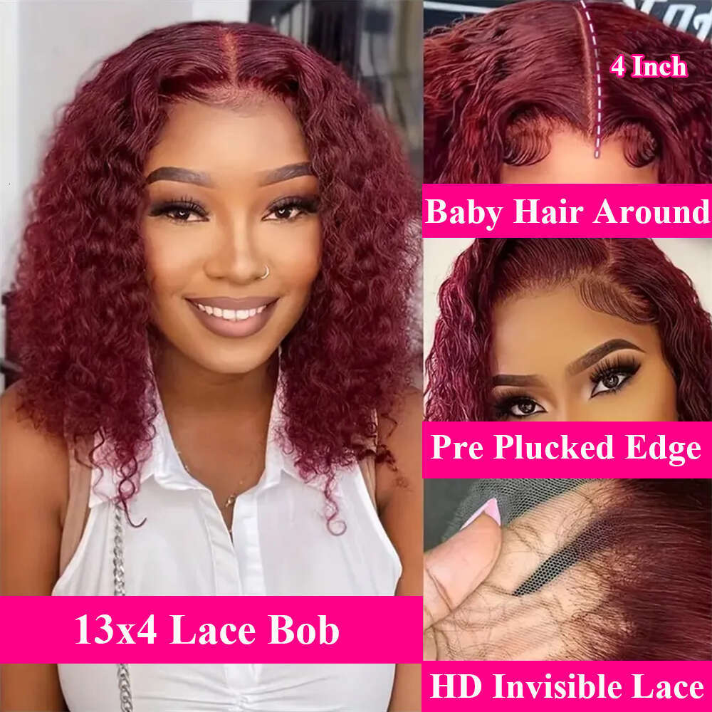 Deep Water Wave Bob J Burgundy Lace Front Wigs Human Hair x Frontal Wig Short Curly Brazilian Pre Plucked