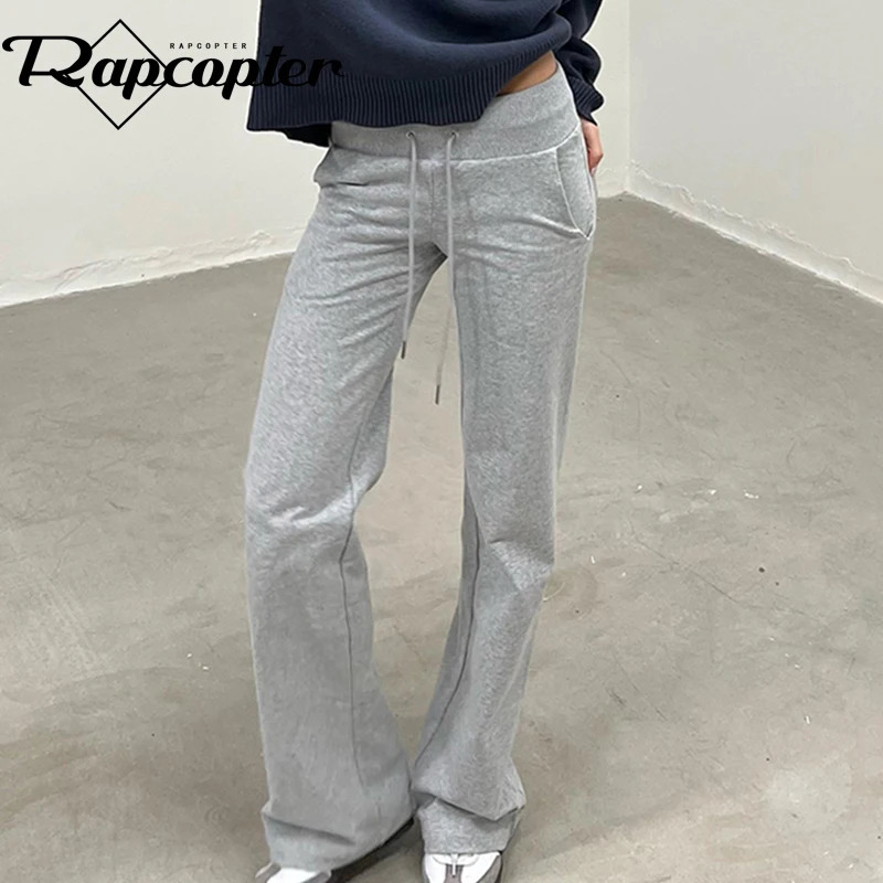 Rapcopter Solid Grey Casual Sweatpant y2k Straight Streetwear Pockets Trouser Korean Sporty Outfits 90s Pants 241024