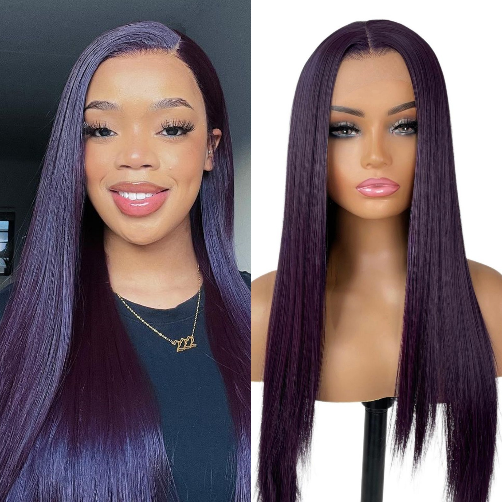 Ash Blonde Long Silky Straight Synthetic Lace Front Wig Pink Dark Purple Colored Hair 13X4 Frontal Wigs for Women Party