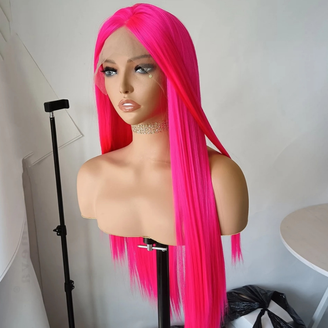 RDY Hot Pink Front Wig Long Straight Hair Frontal Rose Red Synthetic Lace Wigs for Women Daily Glueless Natural Haire