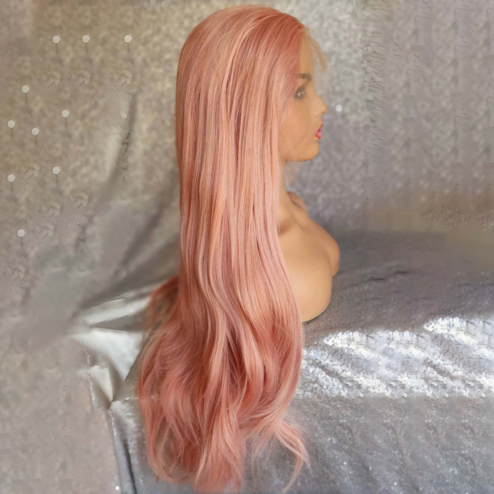 Light Natural Wavy Synthetic Wig Long Pink Hair Colored Frontal 13X4 Lace Front Wigs for Women Party Cosplay