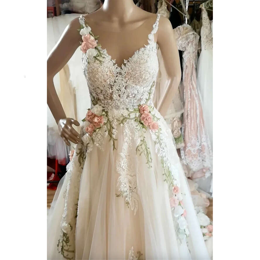 3D Ral Applique Sleeveless V-Neck Tulle A-E Dresses For Women Bridal Wedding Gowns Formal Ocn 0509