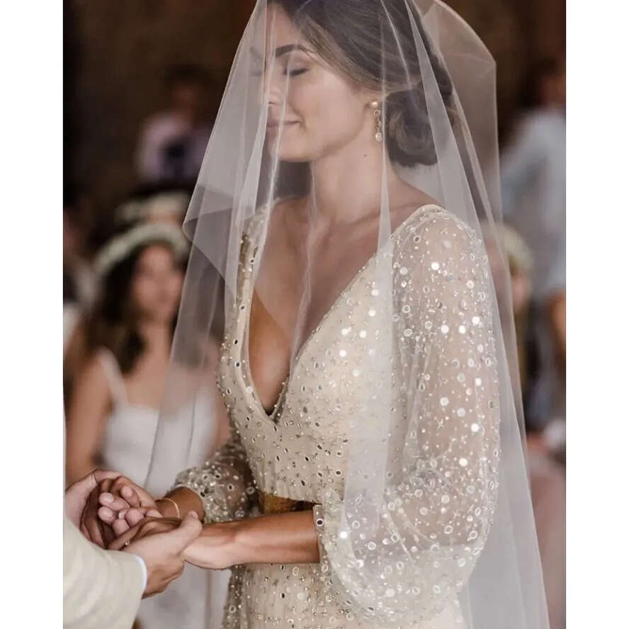 Stunningbride 2024 Boho Champagne Dresses V Neck Long Sleeves Sequined Bridal Gowns Or Length Plus Size Beach Bohemian Wedding Dress 0514