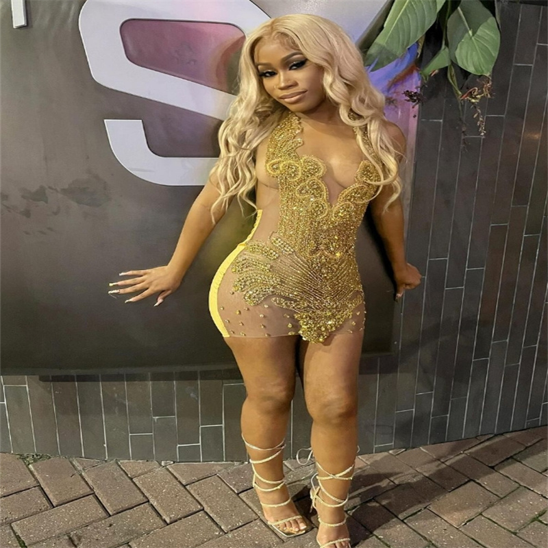 Absolutely Gold Prom Dresses With Beaded Crystal Black Girl African Cocktail Dresses Women Evening Birthday Homecoming Dress Graudtaion Vestio De Gala