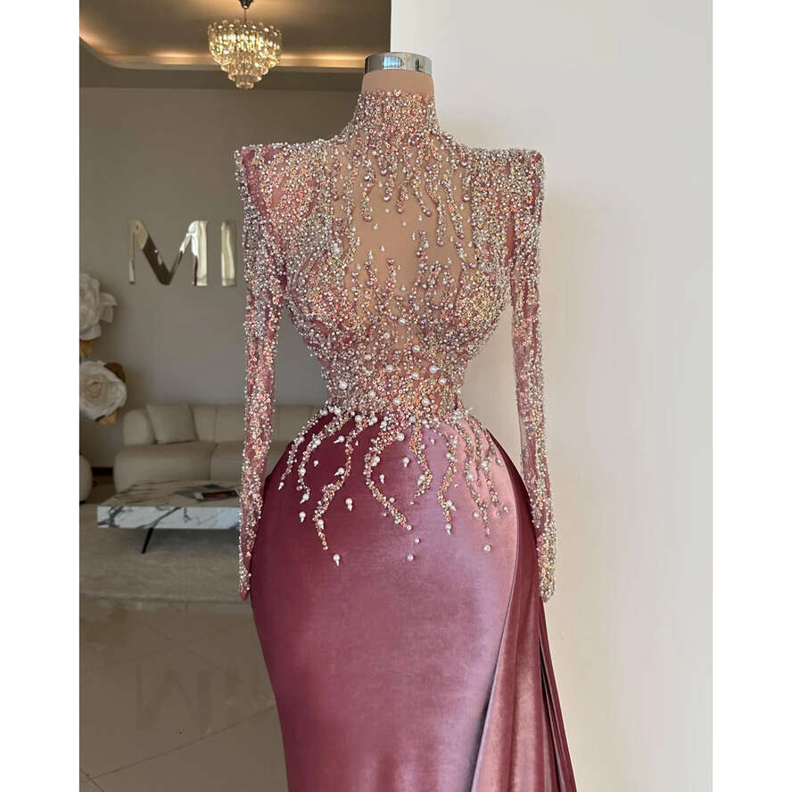 Dust Pink Mermaid Elegant Pearls High Collar Prom Dress Beading Dresses For Special Ocns Long Sleeves Evening Gowns 0515