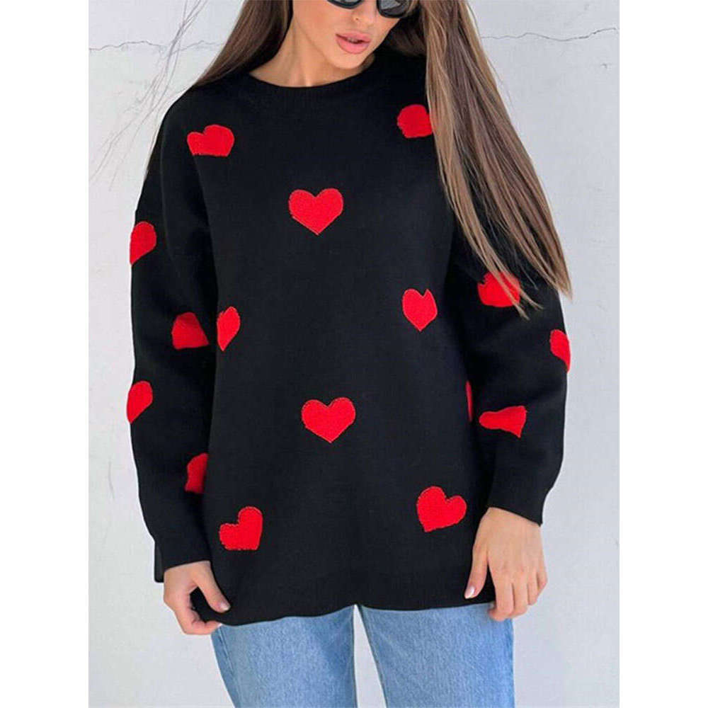 Fashion Chic Printed Heart Knitted Pullover Women Casual Round Neck Long Sleeve Loose Sweater Autumn New Female Commuting Jumper