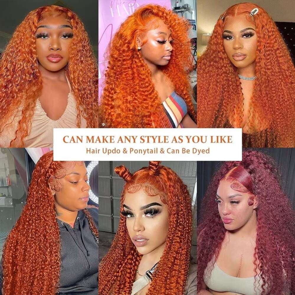 Density x HD Transparent Lace Front Human Hair Frontal Curly Wigs Natural Ginger Deep Wave For Women