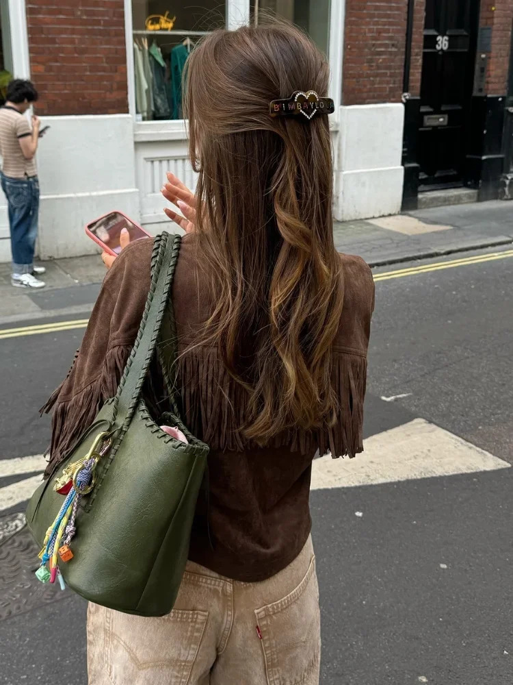 Brown retro Tassel suede leather womens jacket casual long sleeved pocket jacket fashionable autumn street crop jacket 241025