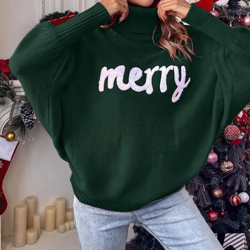 Merry Christmas sweater for women autumn and winter floral long sleeved knitted womens fashionable loose batball sleeve knitted top 241025