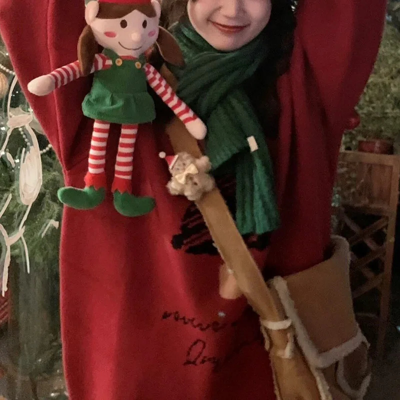 Christmas Harajuku sweater atmospheric winter retro lucky tree embroidery long sleeved round neck loose knit sweater 241025