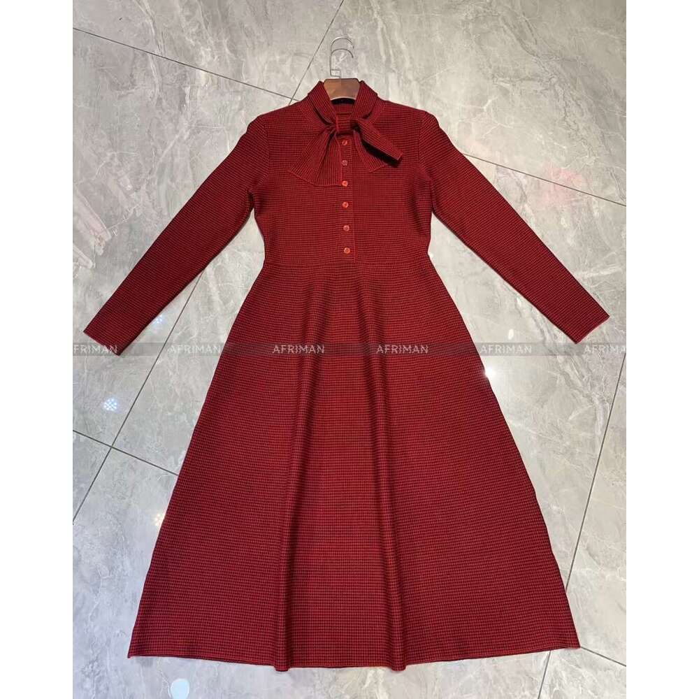 Women Ribbon Bow Collar Long Sleeve Houndstooth Large Swing Knitted Dress