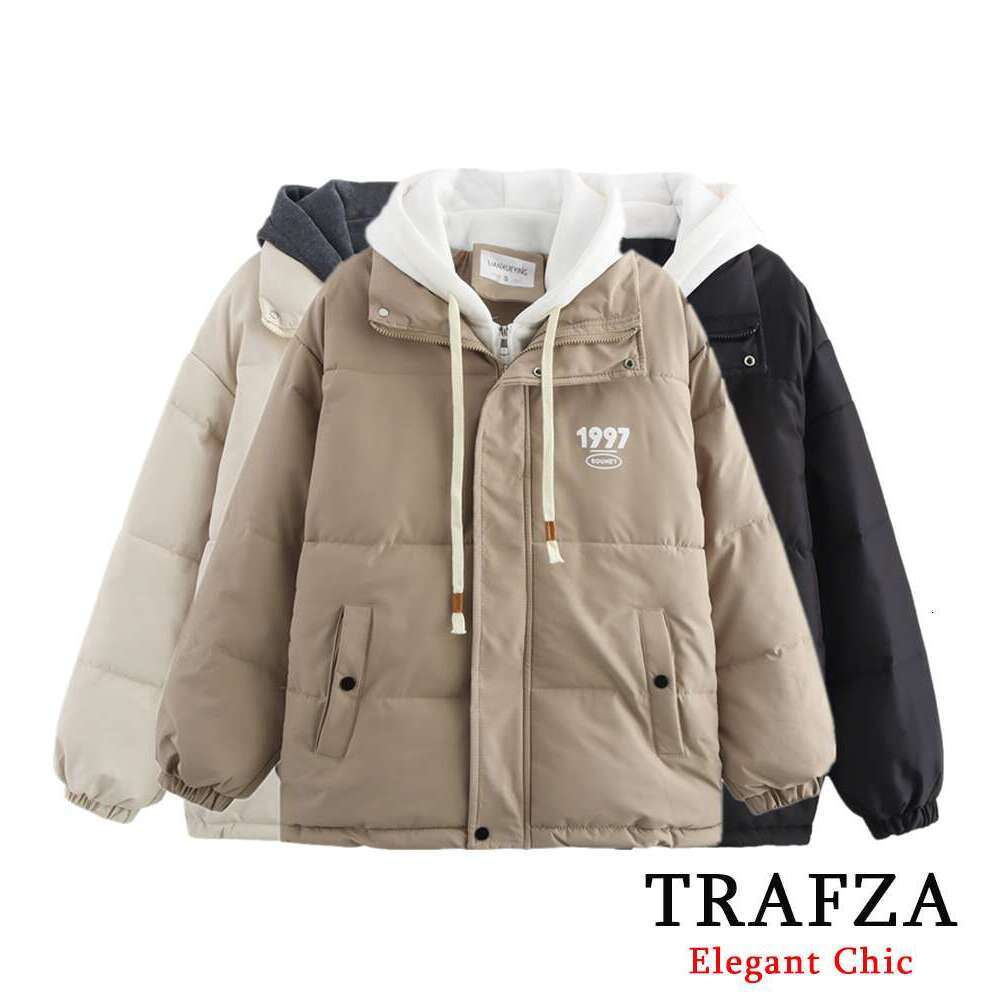 TRAFZA Women Fall Winter Padding Three-Color Hooded Fake Two-Piece Zipper Jacket New 2024 Fashion Casual Versatile Coat