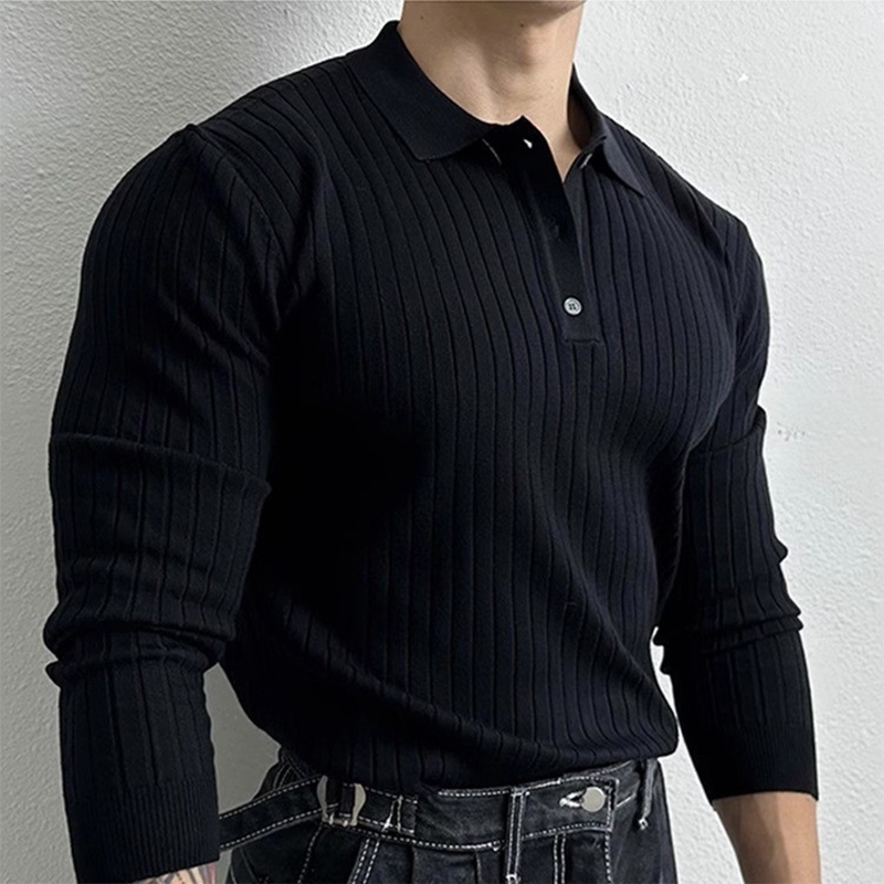 Mens Leisure Knit Polo Shirt Long Sleeve Buttondown Premium Solid Color Pullover Knitwear Streetwear Clothing 241025