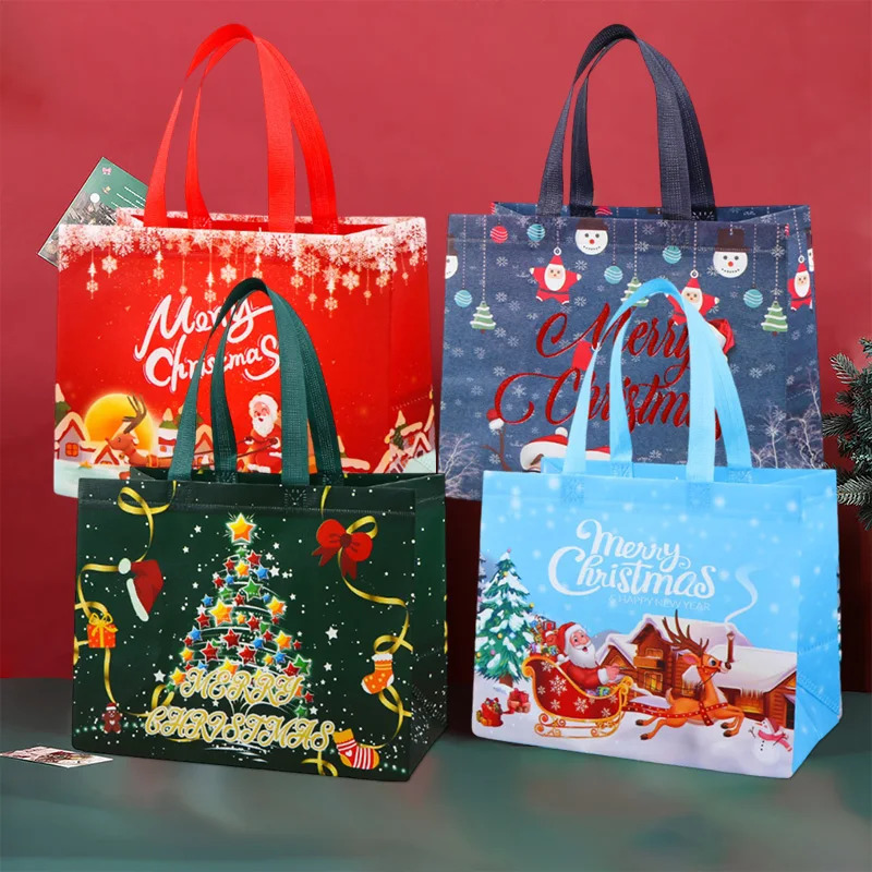 Christmas Gift Bags Santa Claus Elk Snowflake Print Handbag Xmas Gifts Wrapping Supplies Merry Christmas Tote Bags 241025